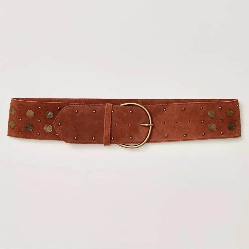 Free People Bohemian Brown Leather Suede Studded Honeydew Hip Belt Medium Large